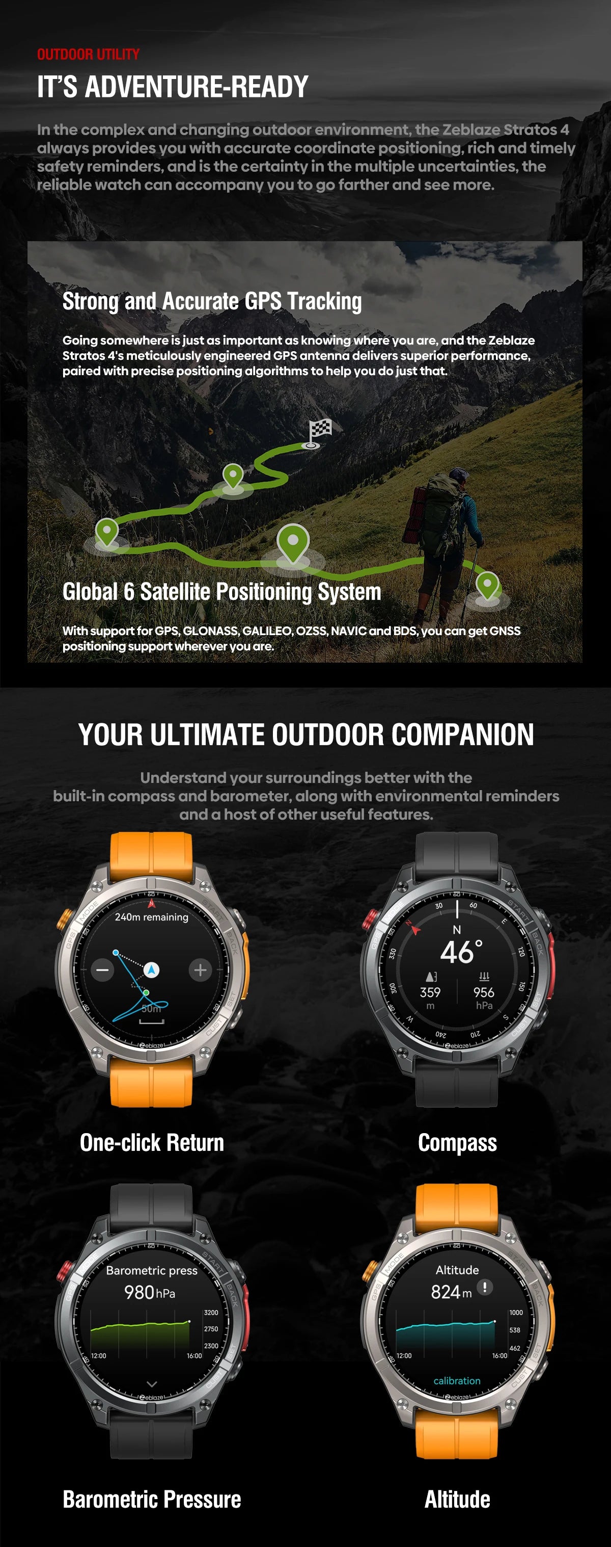 Zeblaze Stratos 4 GPS Smartwatch 1.43" AMOLED Screen Compass Barometric Altimeter Flashlight Voice Calling Smart Watch