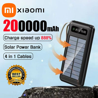 200000mAh Solar Power Bank Large Capacity Mobile Power Fast Charging Battery With Dual USB 4 Cables For iPhone Samsung