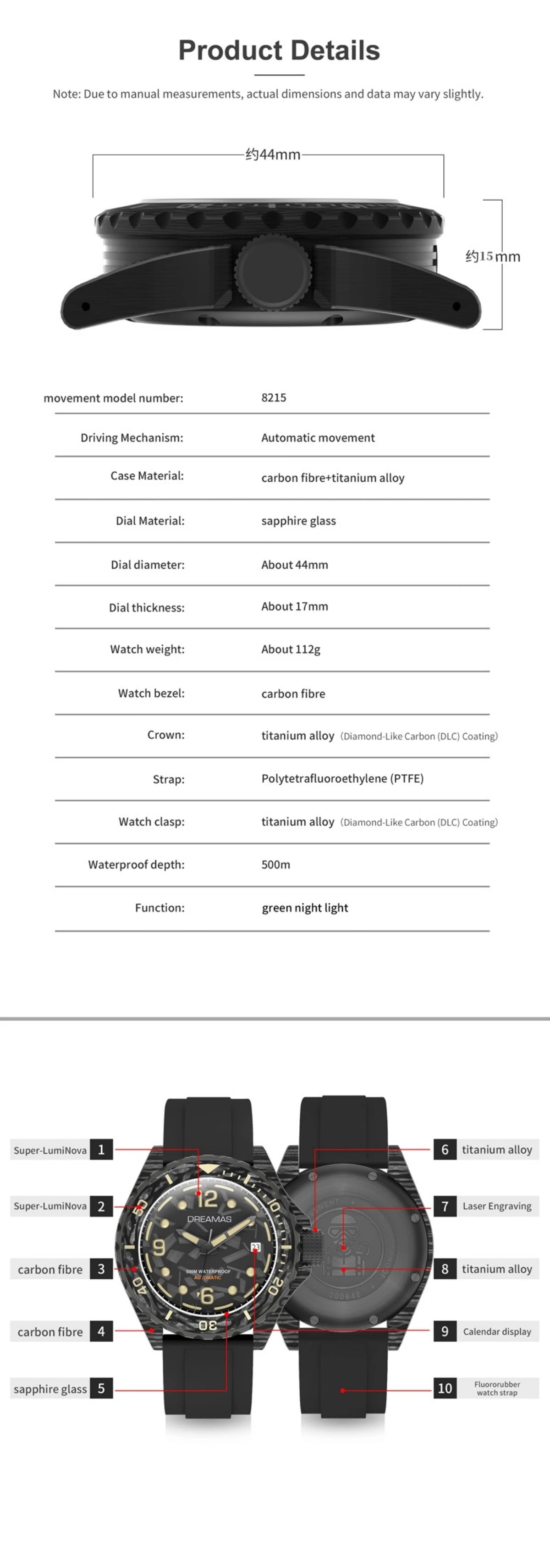 DREAMAS Men's Carbon Fiber Automatic Mechanical Diving Watch Swiss Luminous 500m Waterproof Gradient cold grey D0390G3