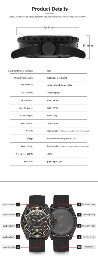 DREAMAS Men's Carbon Fiber Automatic Mechanical Diving Watch Swiss Luminous 500m Waterproof Gradient cold grey D0390G3