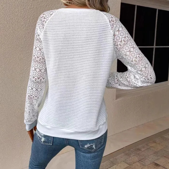 Solid Color Lace Long Sleeve Hollow Neck Casual Women's T-Shirt Top