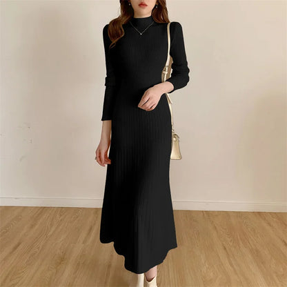 Slim Long Sleeve Party Midi Dress for Women Knitted Half High Collar Elegant Knitted Sweater Dresses Ladies