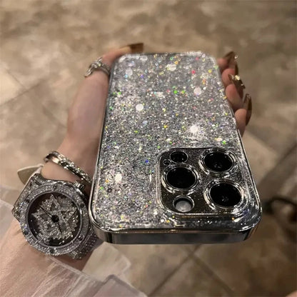 Luxury Silver Sequin Glitter Plating Phone Case For iPhone 17 Air 11 12 13 14 15 16 Pro Max Plus Bling Shockproof Bumper Cover