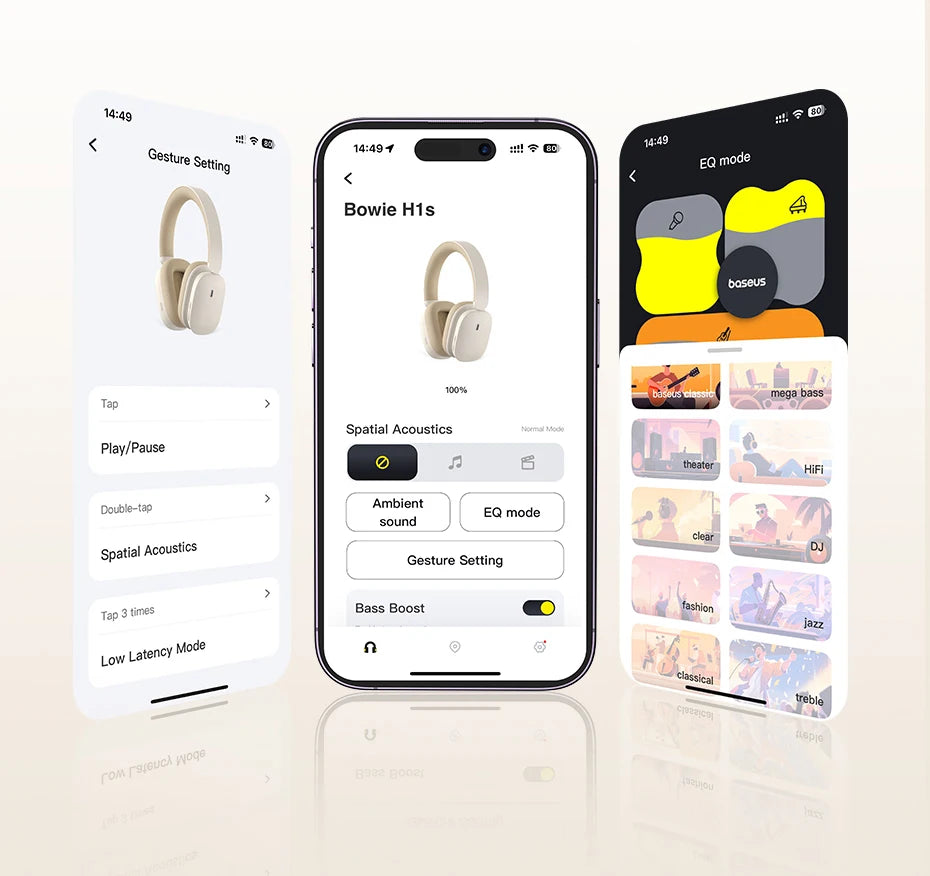 Baseus Bowie H1s Wireless Headphones Bluetooth 5.4 Noise Canceling 46dB Over Ear Headset Hi-Res Spatial Audio Earphone 120H Time