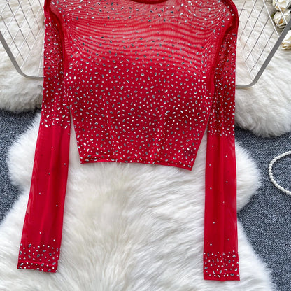 Thin See-tough Long Sve Me T-shirt ort Heavy-du Rhinestone Base irt Korean Sle Creative Pattern