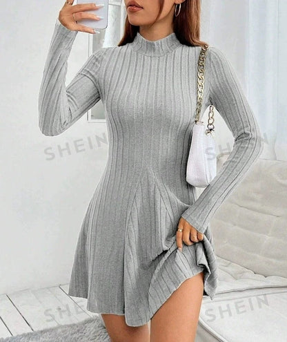 Women's slim fit half high collar waist cinched A-line skirt long sleeved pit stripe dress