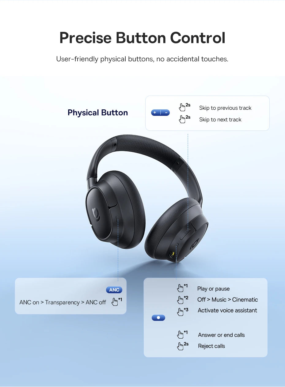 Baseus Bowie H1s Wireless Headphones Bluetooth 5.4 Noise Canceling 46dB Over Ear Headset Hi-Res Spatial Audio Earphone 120H Time