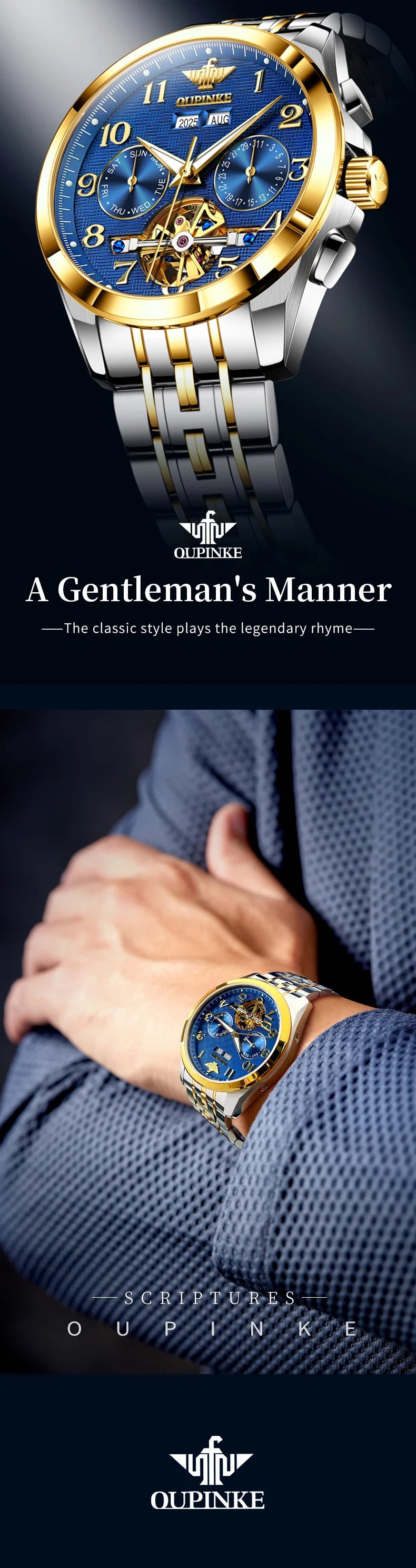 OUPINKE 3263 Mens Watch Luxury Flywheel Automatic Mechanical Watch﻿ 50M Waterproof Luminous Tungsten Steel Brand Watches New