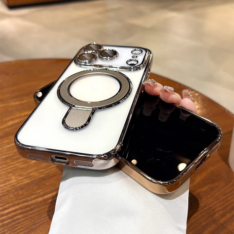 Iphone 17 Air Case Plating Magsafe Magnetic Bracket Case for iPhone 17 16 Pro 13 12 Max 15 14 16 Plus 17PRO Transparent Cove