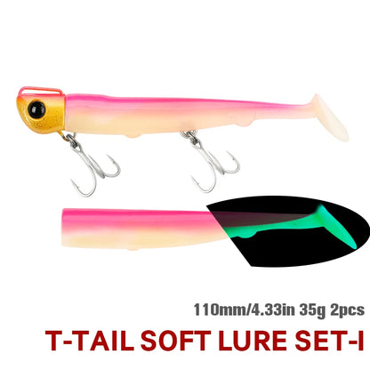 Jig Head Soft Fishing Lure 110mm 35g Long Casting Sea Bass Flounder Soft Body Swimbait Set With Saltwater Treble Hook