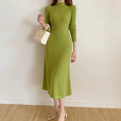 Slim Long Sleeve Party Midi Dress for Women Knitted Half High Collar Elegant Knitted Sweater Dresses Ladies