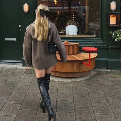 Women's Double Breasted Wool Coat Autumn Winter Fashion Lapel Long Sleeves Short Blazer Jacket Elegant Solid Warm Loose Outwear