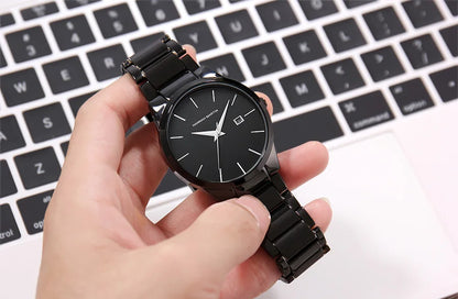 Hannah Martin Men's Stainless Steel Watch Fashion Business Style Black Minimalist Style 3Bar Waterproof Quartz Movement Watches