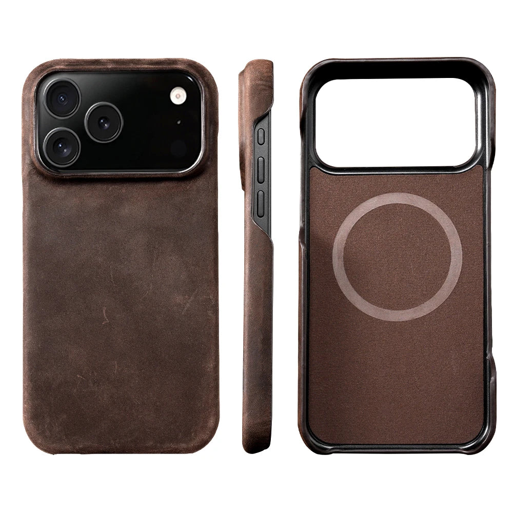 Case for iPhone 15 16 17 Pro Max 17Pro 17 Air 16Pro Retro Luxury Genuine PULL-UP Leather Magnetic Phone Back Cover