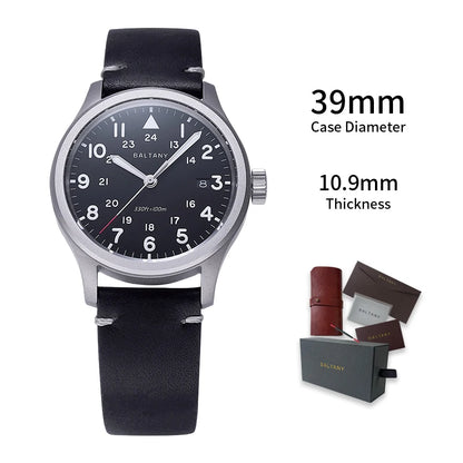 Baltany Men Quartz Field Watch S2082 10-Year Life Battery Luminous Leather Sapphire Stainless Steel Date Retro Military Watches