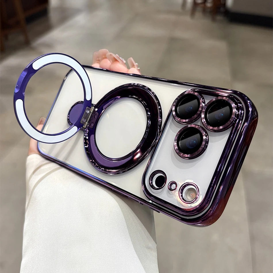 Iphone 17 Air Case Plating Magsafe Magnetic Bracket Case for iPhone 17 16 Pro 13 12 Max 15 14 16 Plus 17PRO Transparent Cove