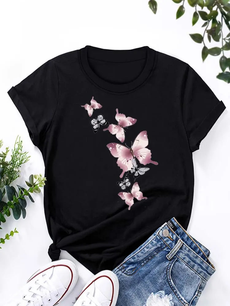 Fashion Butterfly Print Harajuku Female Harajuku Short Sleeve Casual Women's T-shirt Clothing Street Tops Tees Aesthetic Clothes