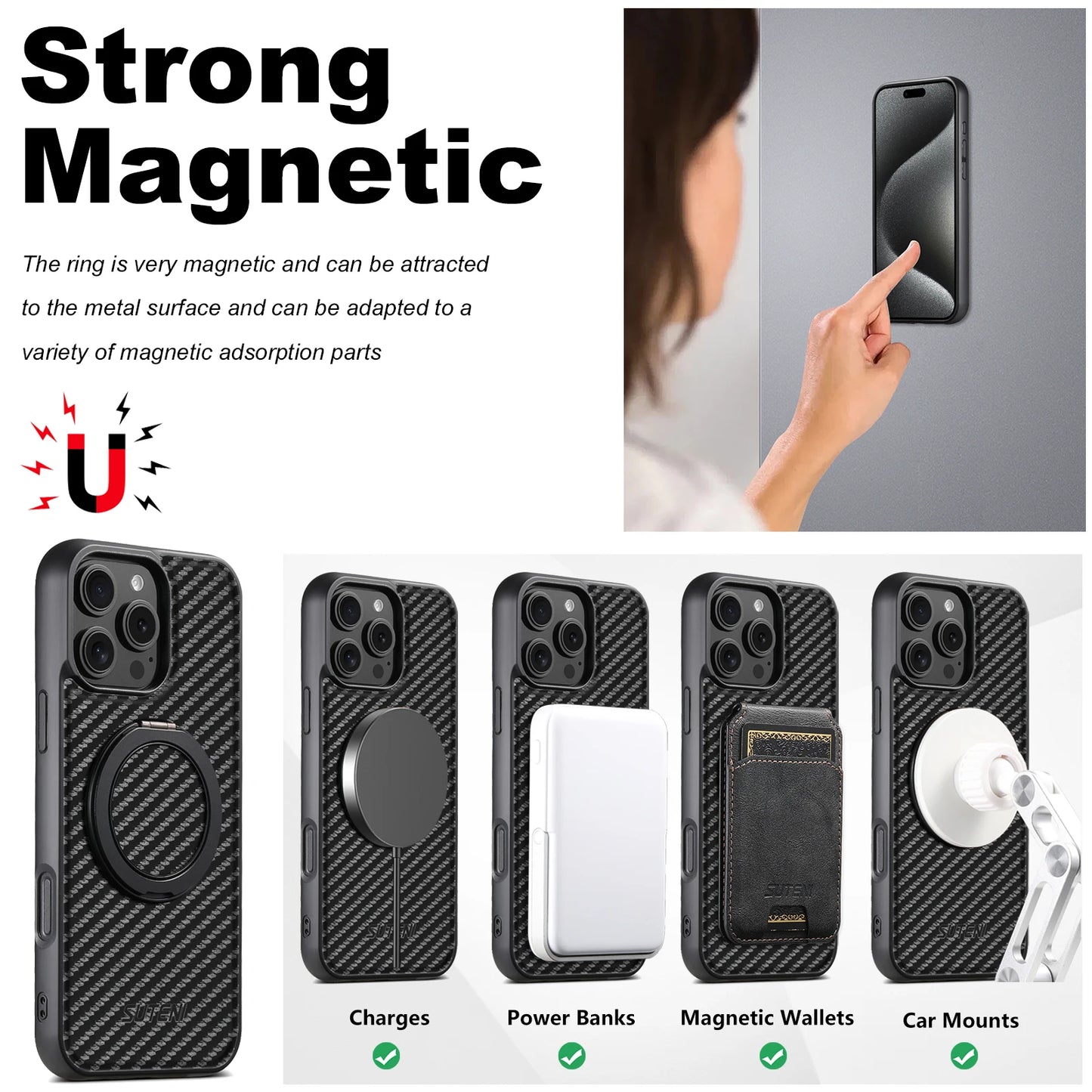 Compatible MagSafe Wireless Charging Strong Magnetic 360° Rotating Ring Stand PU Leather Phone Case For iPhone 17 16 15 14 13 12