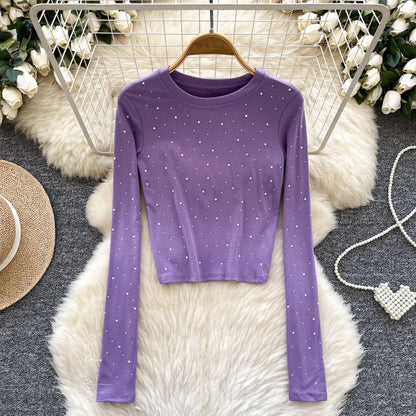 Long Sleeves Hotsweet O-neck Fashion Rhinestone Slim Top French Streetwear Sexy High Street Autumn Winter Women T-Shirts