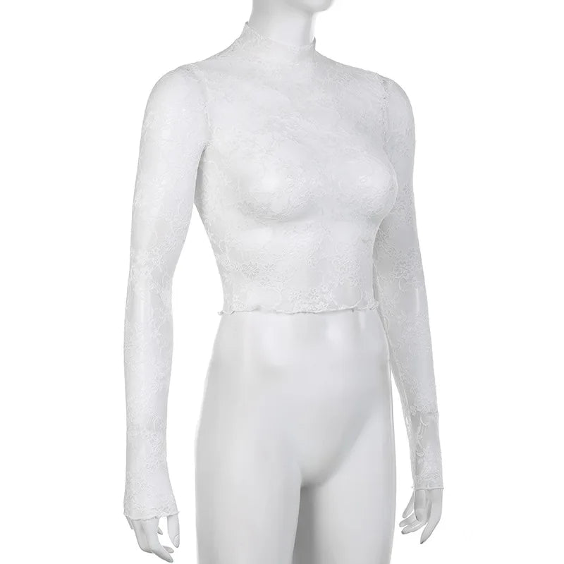 Lace Blouse Shirts Summer Women Turtleneck Long Sleeve See Through Lace Patchwork Thin Tops