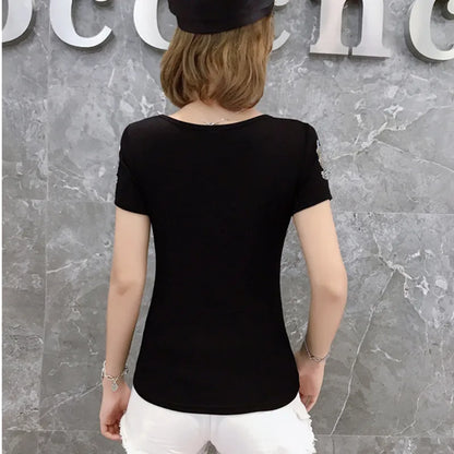 T-shirt For Summer Short Sleeve Pulovers Clothes Casual Aesthetic Cotton Tops Sexy V Neck Zipper Diamonds Tees