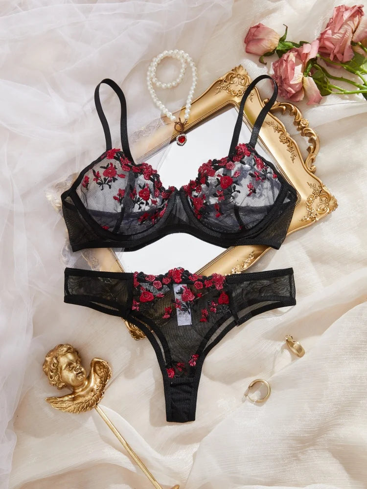 Embroidery Flower Transparent Underwear Bra Thong Set Ultra Thin Cup Large Size Perspective Wire Free Bikini Suit Women 2 Piece