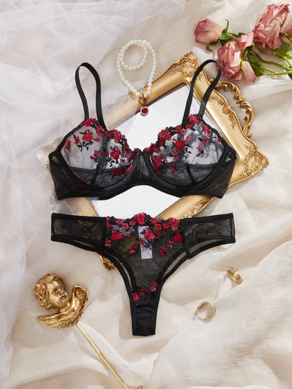 Embroidery Flower Transparent Underwear Bra Thong Set Ultra Thin Cup Large Size Perspective Wire Free Bikini Suit Women 2 Piece