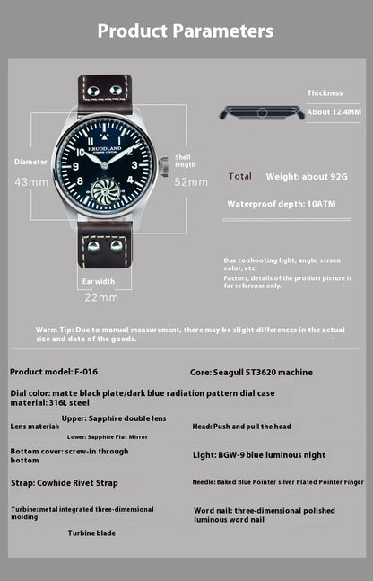 Hruodland F016 Pilot Watch Seagull Movement Mechanical BGW-9 Luminous Sapphire Crystal F016 Turbine 43mm Men Retro Pilot Watch
