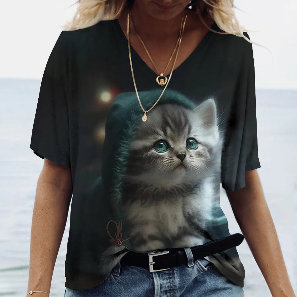T-shirt Cat Print Short Sleeve Clothes Female Harajuku Tees Ladies T Shirt Oversized Tops Animal Women Clothing