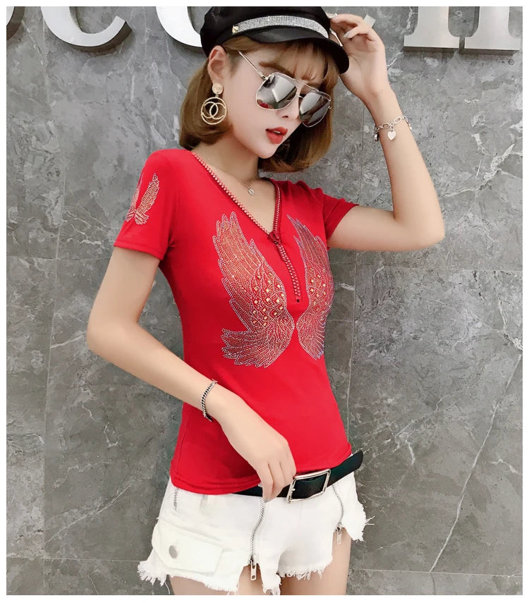 T-shirt For Summer Short Sleeve Pulovers Clothes Casual Aesthetic Cotton Tops Sexy V Neck Zipper Diamonds Tees