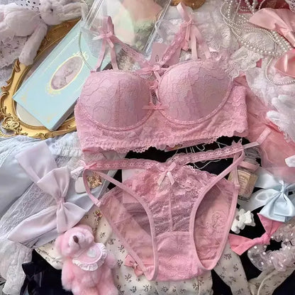 Lingerie Japanese Lace Bra Set, Heart Pendant Purple Lingerie Sexy & Pure Small Chest Push Up Bralette, Fashion Outerwear Design Enhancer