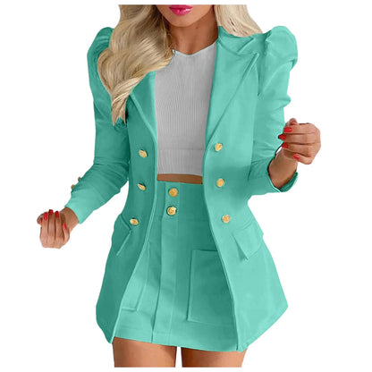 Long Sleeve Two Breasted Skirt Set Solid Color Jacket And Floral Skirt Two Piece Outfit Business Casual Elegant Sets