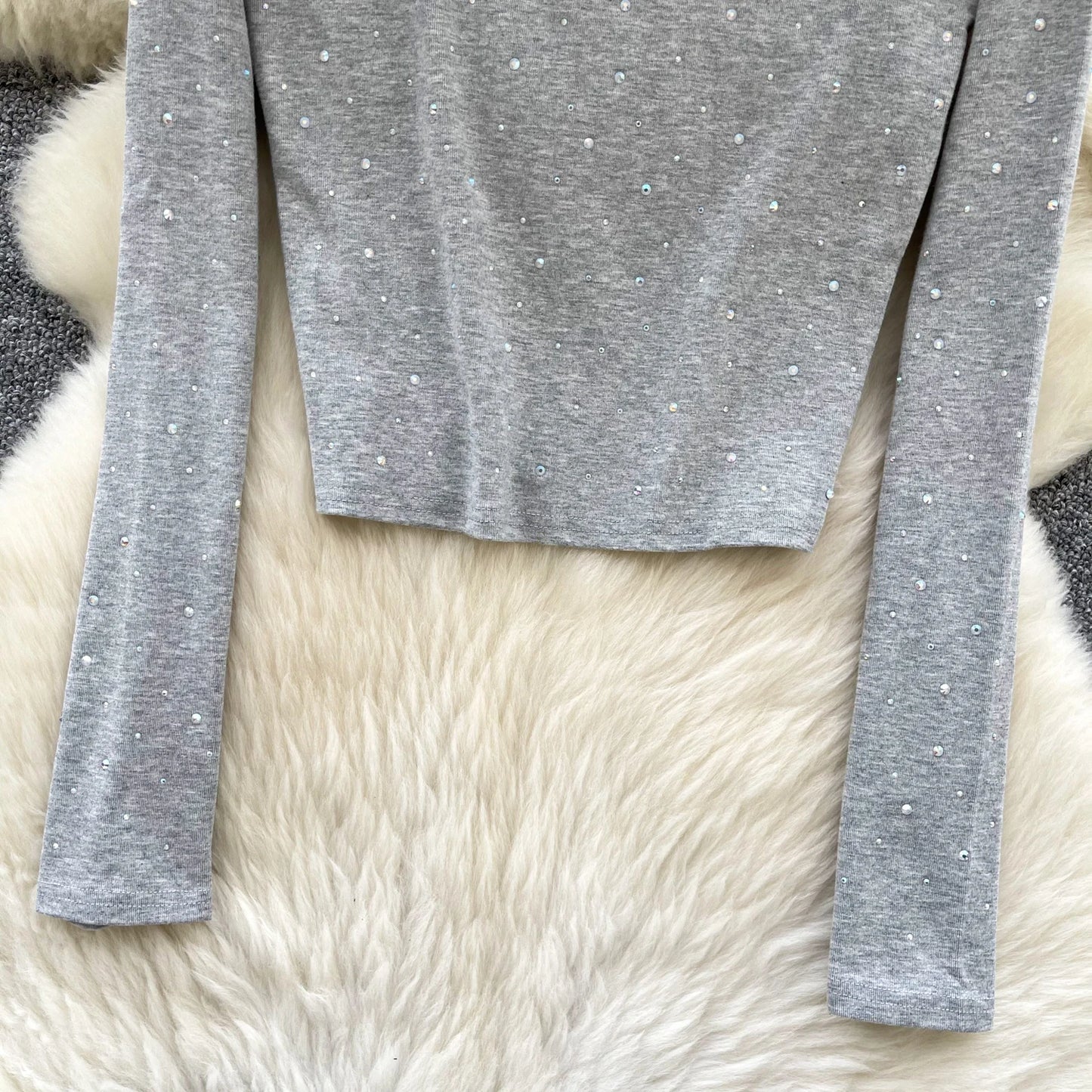 Long Sleeves Hotsweet O-neck Fashion Rhinestone Slim Top French Streetwear Sexy High Street Autumn Winter Women T-Shirts