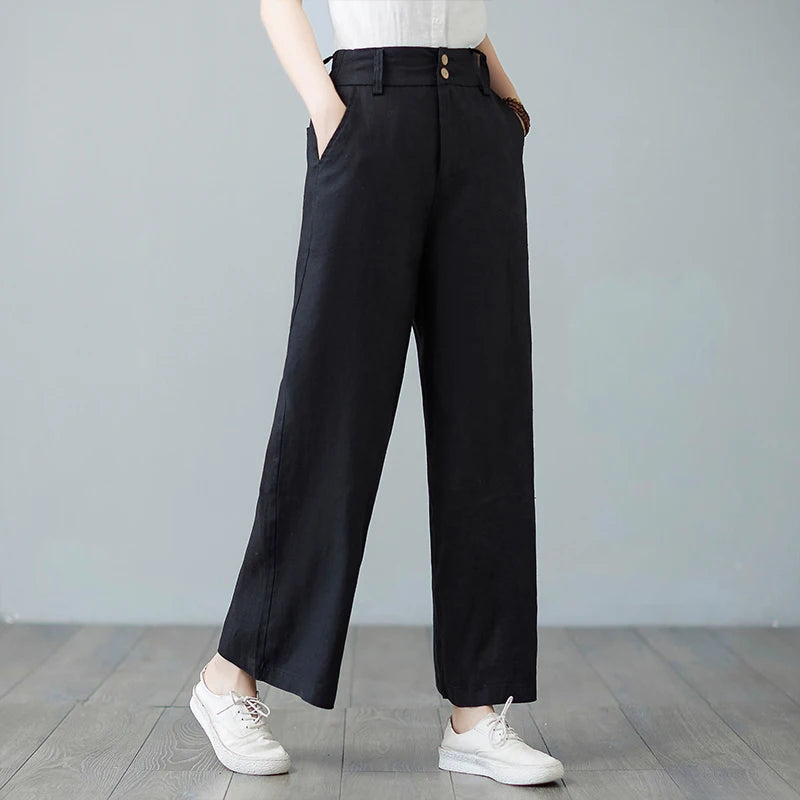 High Waist Wide Leg Cotton Linen Workwear Pants Women Loose Casual Straight Long Trousers Summer Faion plus Size All Match