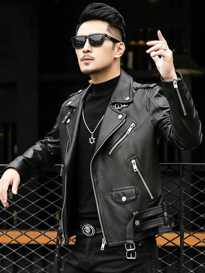Spring Autumn Short Cool Black Leather Biker Jacket Men Zipper Long Sleeve Belt Plus Size European Fashion brand leather jackets