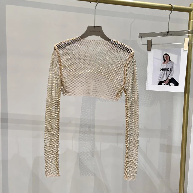 Bright diamond short top Slim thin Ms. hot drill long-sleeved T-shirt sexy leak waist nightclub