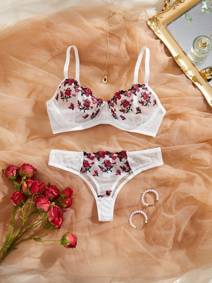 Embroidery Flower Transparent Underwear Bra Thong Set Ultra Thin Cup Large Size Perspective Wire Free Bikini Suit Women 2 Piece