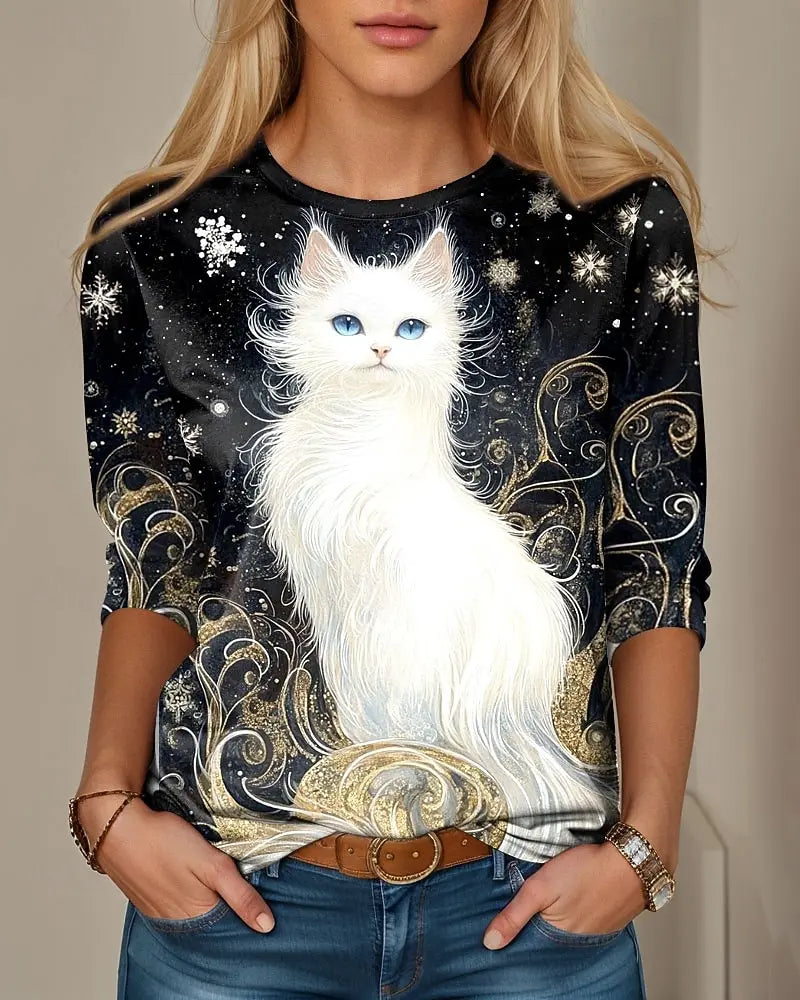 T-shirt Casual Long Sleeve Tops Animal Cat Graphic Tees Shirt Blouse O-neck Fall Winter Streetwear Style Y2K Pullover