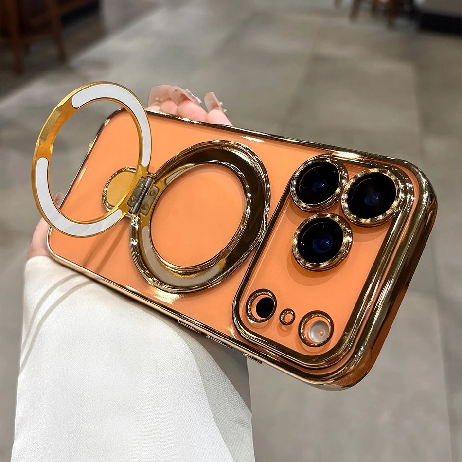 Iphone 17 Air Case Plating Magsafe Magnetic Bracket Case for iPhone 17 16 Pro 13 12 Max 15 14 16 Plus 17PRO Transparent Cove