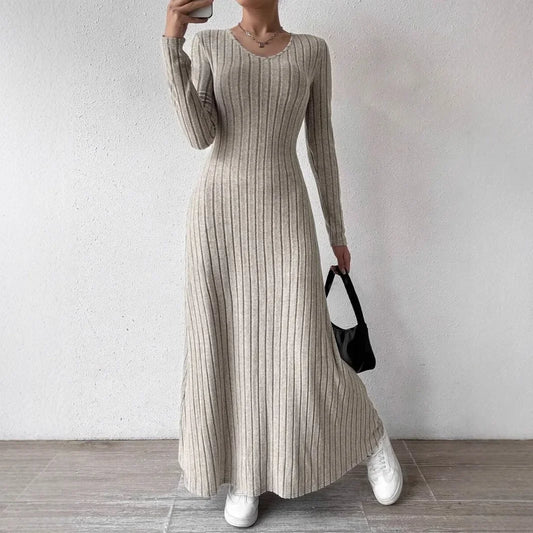 Knitted Long Sleeve A- Line Streetwear Dress For Women Smooths And Slims Your Silhouette Solid Color Long Dress