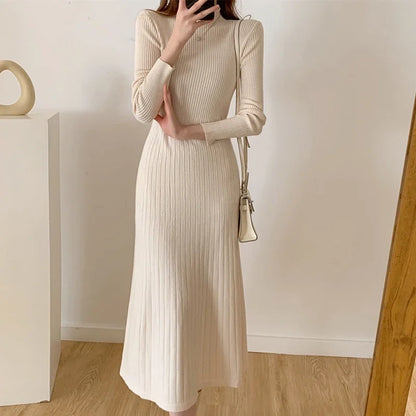 Slim Long Sleeve Party Midi Dress for Women Knitted Half High Collar Elegant Knitted Sweater Dresses Ladies