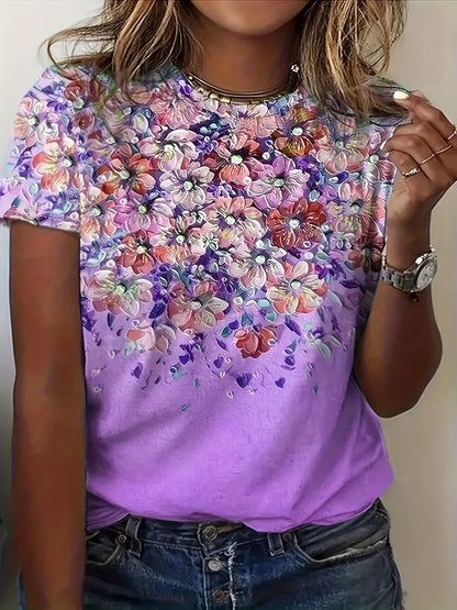 Colorful Rose Flower Print Round Neck Women's T-shirt Summer Versatile And Refreshing Y2K T-shirt