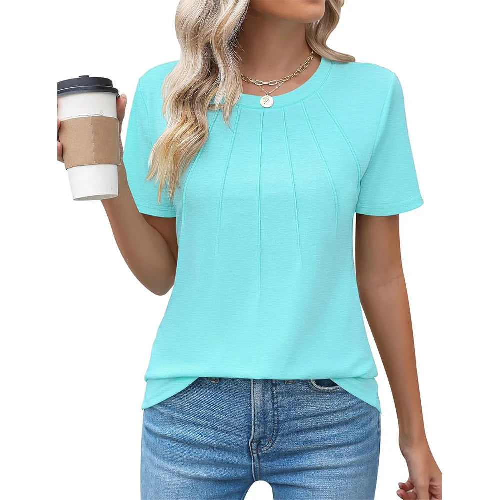 Womens Casual Crew Neck Short Sleeve Pleated Tops Blouses Fashion Clothes