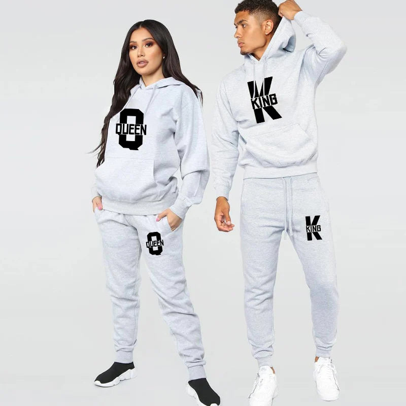 Fashion Lover Couple Clothing Sportwear Set KING QUEEN Printed Hooded Clothes 2PCS Set Women Hoodie and Pants Suit Hoodies