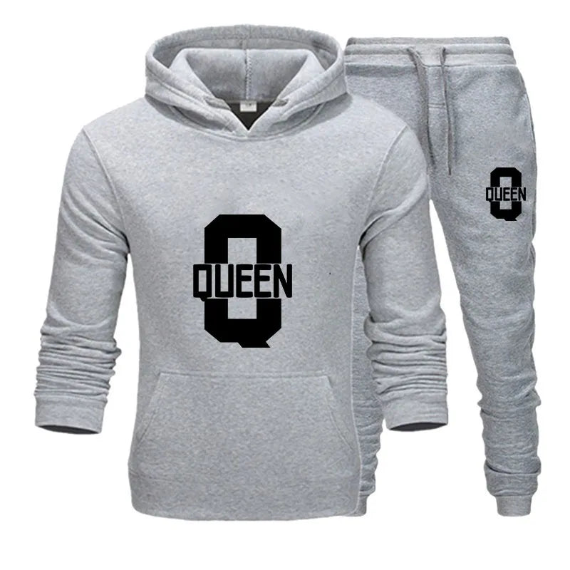 Fashion Lover Couple Clothing Sportwear Set KING QUEEN Printed Hooded Clothes 2PCS Set Women Hoodie and Pants Suit Hoodies