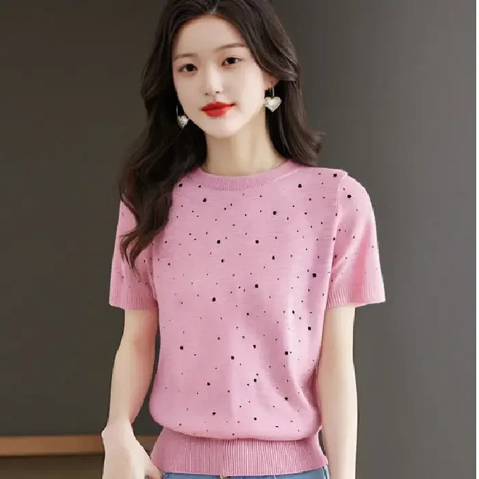 Korean Style round Neck Polka Dot Print Semi-Transparent Knitted Summer Fashion Short Sleeve Women's Top