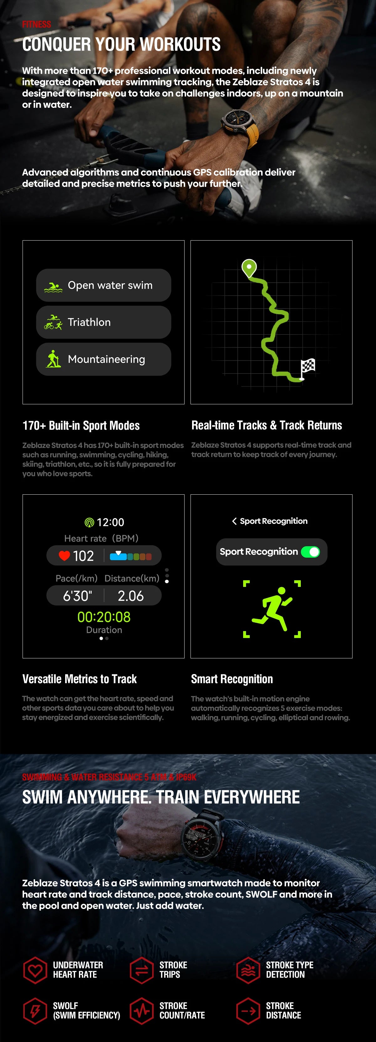 Zeblaze Stratos 4 GPS Smartwatch 1.43" AMOLED Screen Compass Barometric Altimeter Flashlight Voice Calling Smart Watch