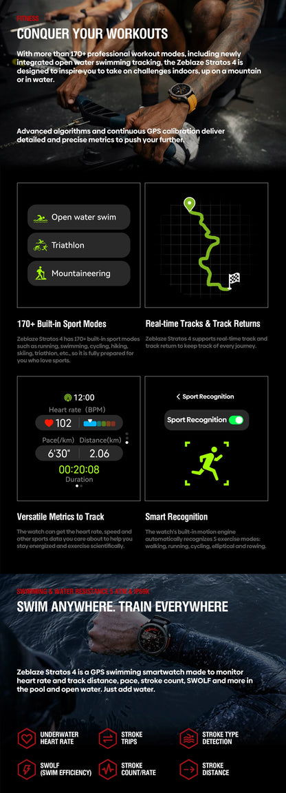 Zeblaze Stratos 4 GPS Smartwatch 1.43" AMOLED Screen Compass Barometric Altimeter Flashlight Voice Calling Smart Watch