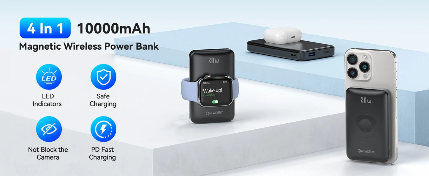 10000mAh Magnetic Wireless Power Bank for Apple Watch /9/8/7/6/5/4/Ultra 2 iWatch Battery Pack For iPhone 16/15,Galaxy