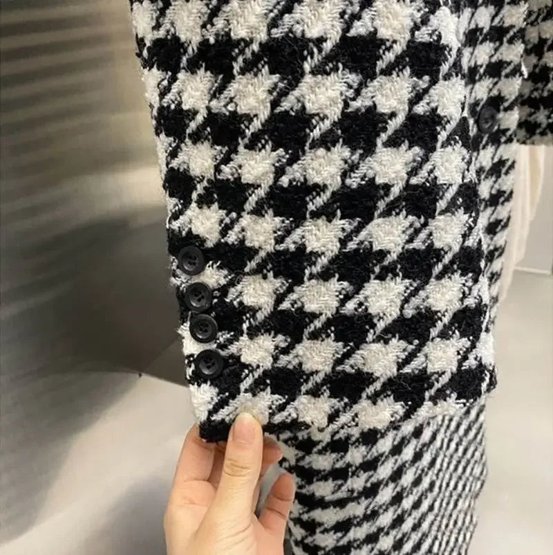 Women Autumn Winter Woolen Coat 2025 New Women Double Breasted Coat Korean Houndstooth Mid-Length Woolen Coat Lady Winter Jacket